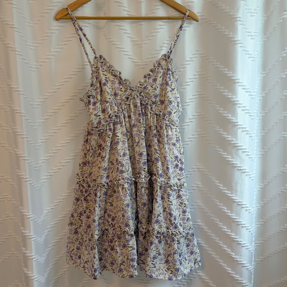 Lulus Purple Floral Tiered Mini Dress Ruffle V-Neck Spaghetti Strap Small